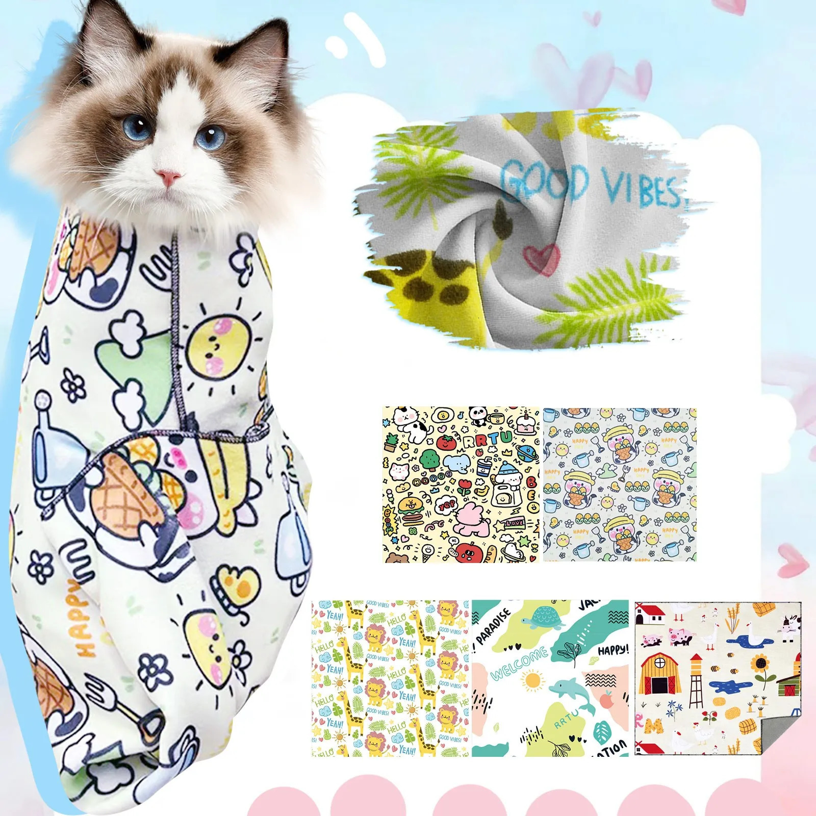 Cat Fixed Fabric Cartoon Printed Self-Adhesive Anti Scratch Anti Bite And Escape Cat Wrap Fabric Pet Grooming Restraint Bag 250326