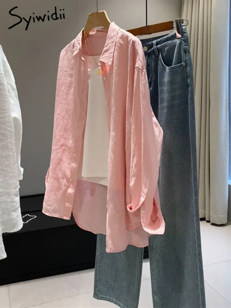Syiwidii Blue Womens Linen Shirt Long Sleeve Elegant White Oversize Blouse Vintage Spring Basic Top Collar Cotton Linen Shirts 250326