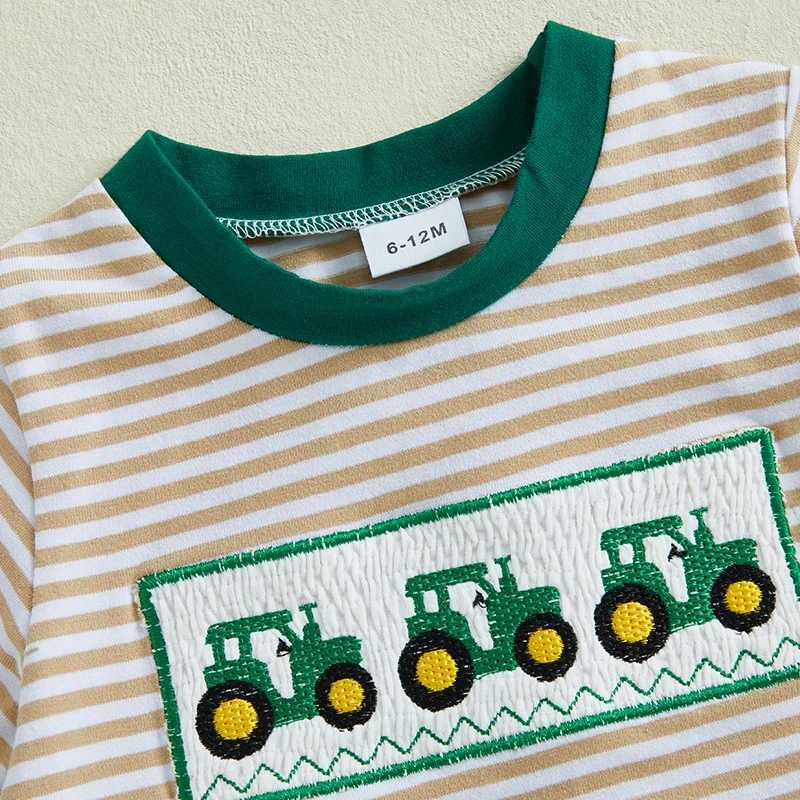 Preschool boy farm baby boy tractor embroidered short sleeved T-shirt solid shorts set 2-piece setT250327