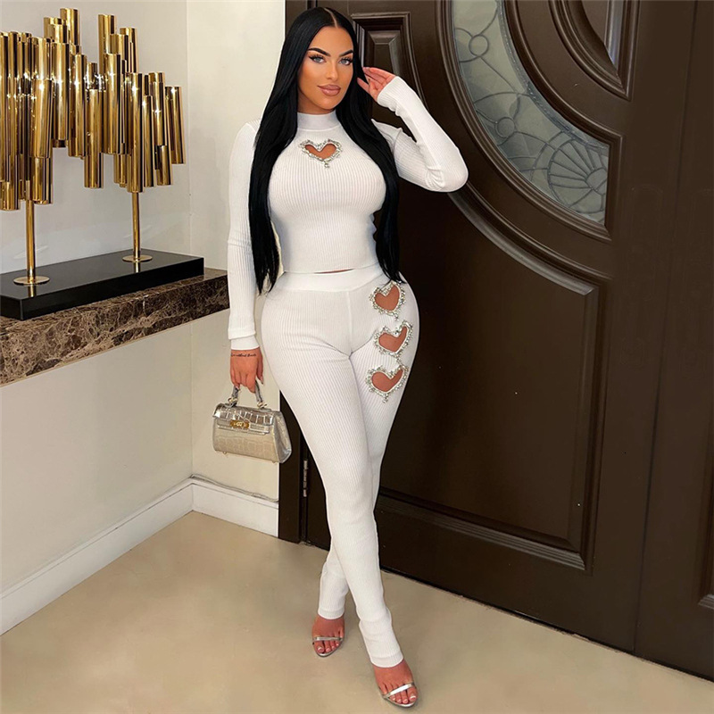 Designer Jumpsuit Spring Long Sleeved Set 2025 New Fashion Casual Hollow Out Women's Sports Set Hot Diamond Top High Waist Tight Women's Pan
