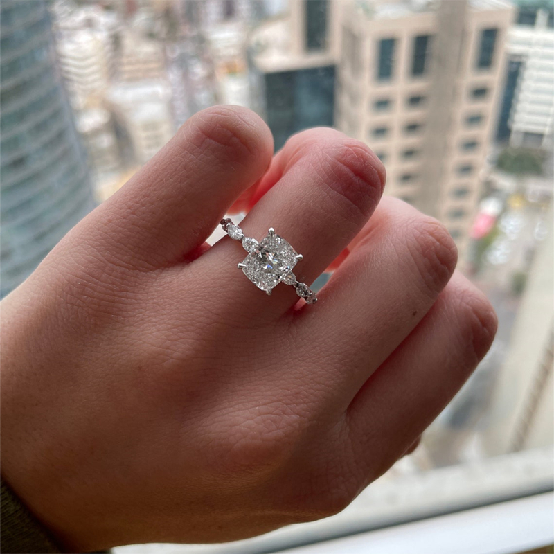 Jewelry 2.0 Carat Elongated Cushion CVD HPHT Lab Diamond Engagement Ring 14K White Solid Gold With Marquise Side Lab Diamond Wedding Ring For Women