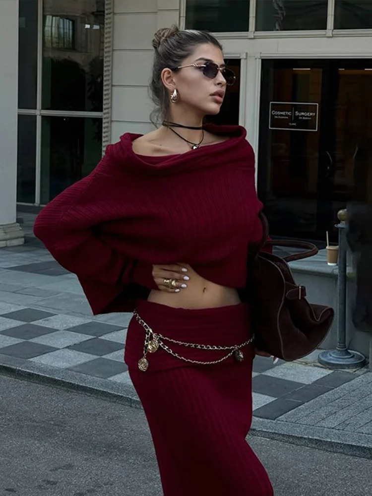 Womens Burgundy Knitted Long Leather Cover Elegant Slant Neck Full Lantern Sleeve Top Skirt Autumn Two Piece Set 250326