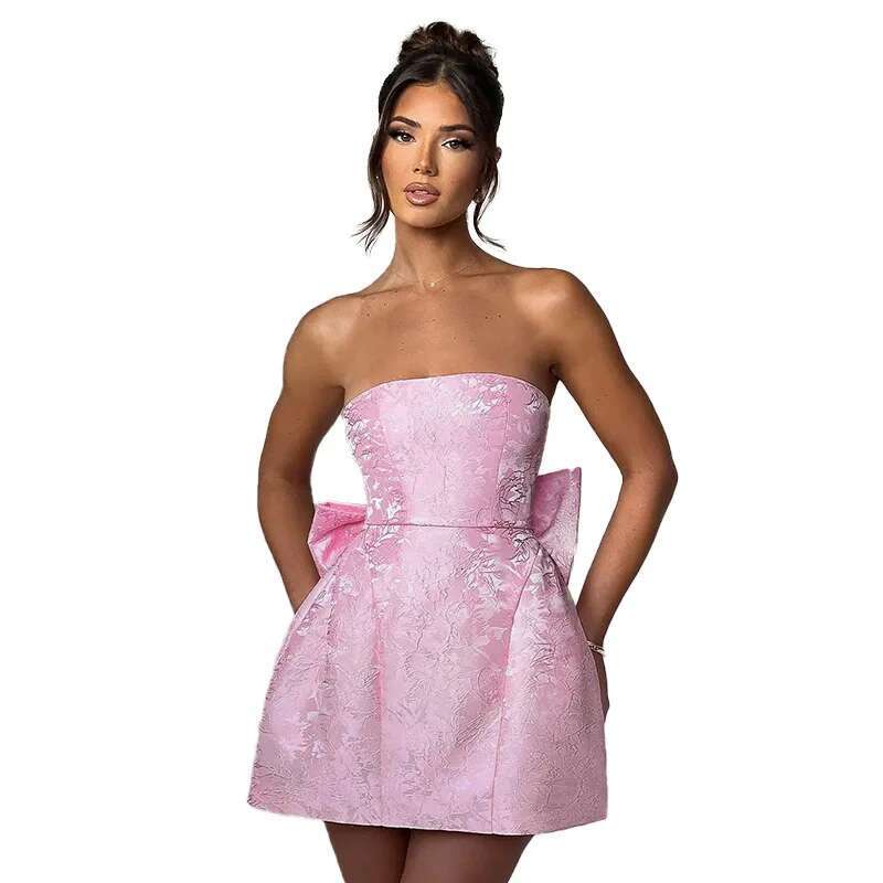 Dongdumaoyi Damesmode Zoete Getailleerde Jacquard Strapless Mini Damesjurk Met Strik