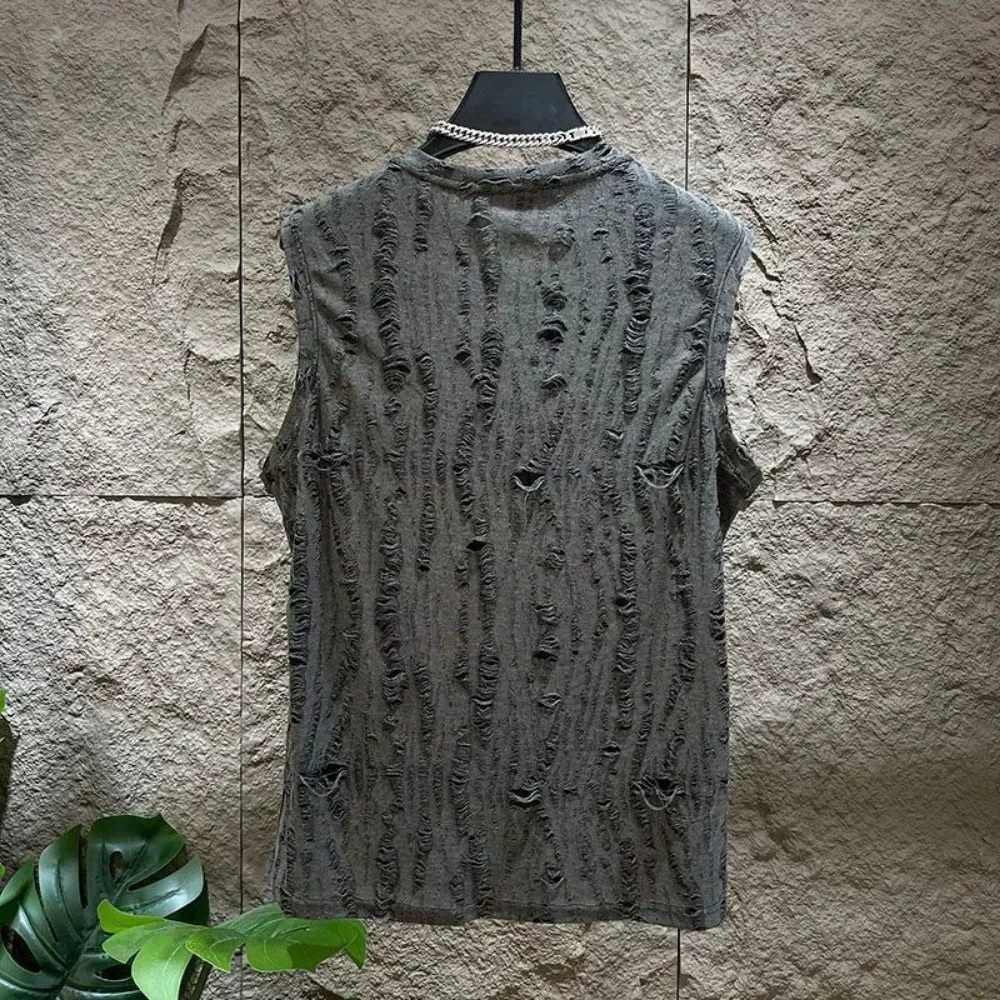Mens sleeveless T-shirt set O-neck casual hollow vest top+short hole hollow quick mens breathable vest 2-piece set Set4XLXJ250326