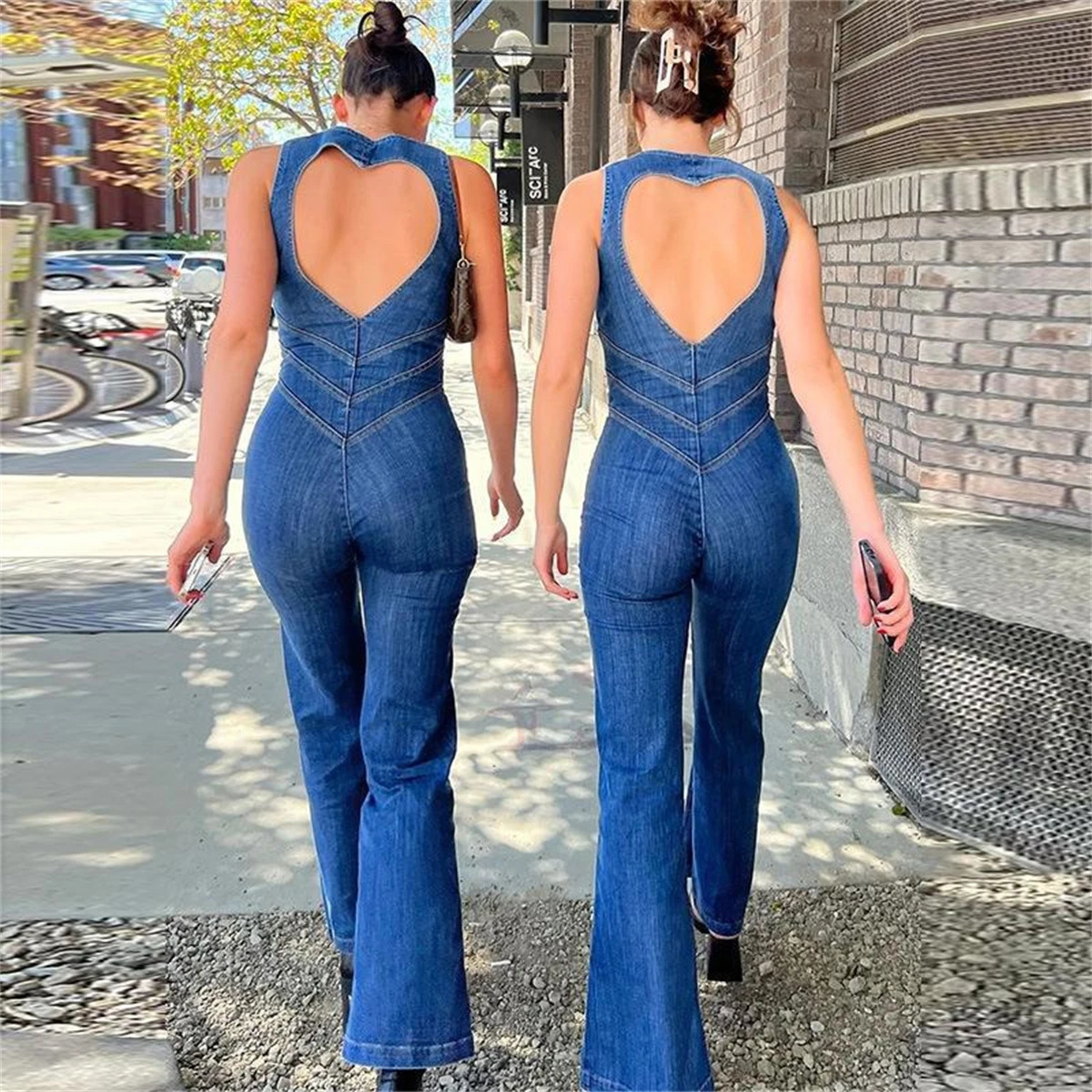 Womens ultrathin denim backless jumpsuit springsummer chic sparkling jeans high waisted streetwear womens zipper sexy dress 250326