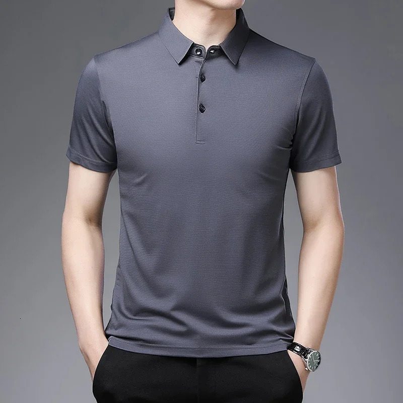 mens solid color business casual polo shirt summer fashion short sleeved comfortable breathable top 250327