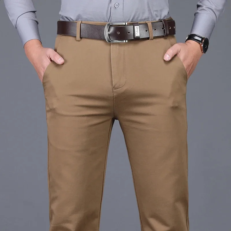 98% Cotton Classic Mens Brown Business Straight Casual Pants Solid Stretch High Waist Office Trousers Male Black Khaki 250317