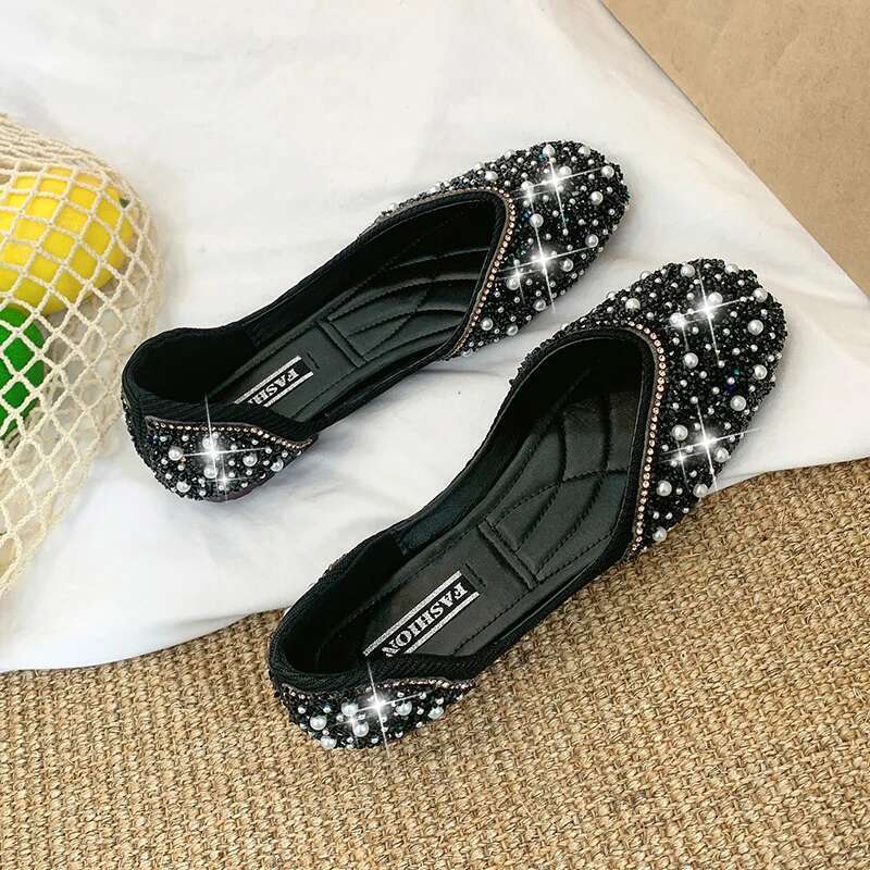 Glitter crystal pearl studs ballet shoes women square toe slip on loafers cozy shallow cut-out ballerina flats moccasins female