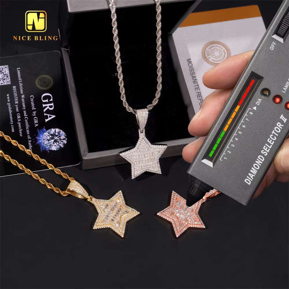 Baguette Custom Iced Out Hip Hop Moissanite Jewelry Star Shape Pendant 925 Silver VVS Moissanite Diamond Fine Charm Pendant