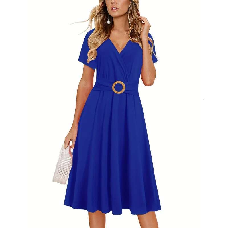 Dongdumaoyi Dames Elegante Normale Pasvorm Met Riem Zomer Casual Werk Kerk Theejurk Zakken Polyester Elastaan WD