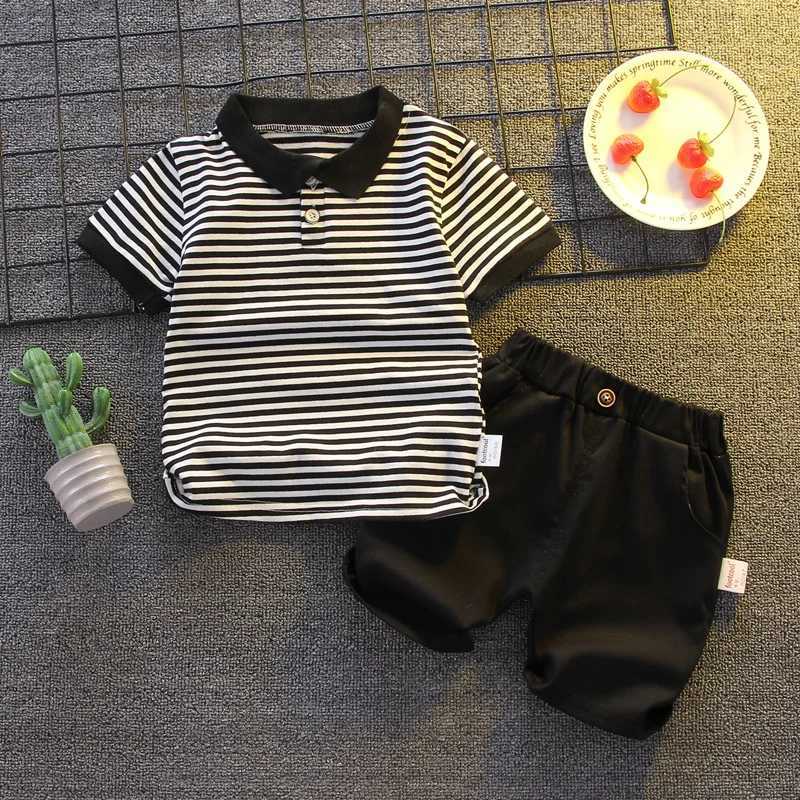 Summer childrens set baby boy fashion striped set childrens casual shirt+shorts 2PCS children 1-5Y cotton short sleeved trend clothingT250327