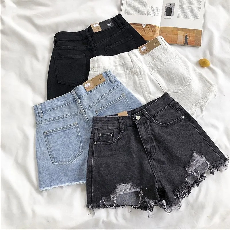 Korean denim shorts summer fashion casual high waisted ripped jeans pocket tassel Y2K pants streetwear blue Trousers 250321