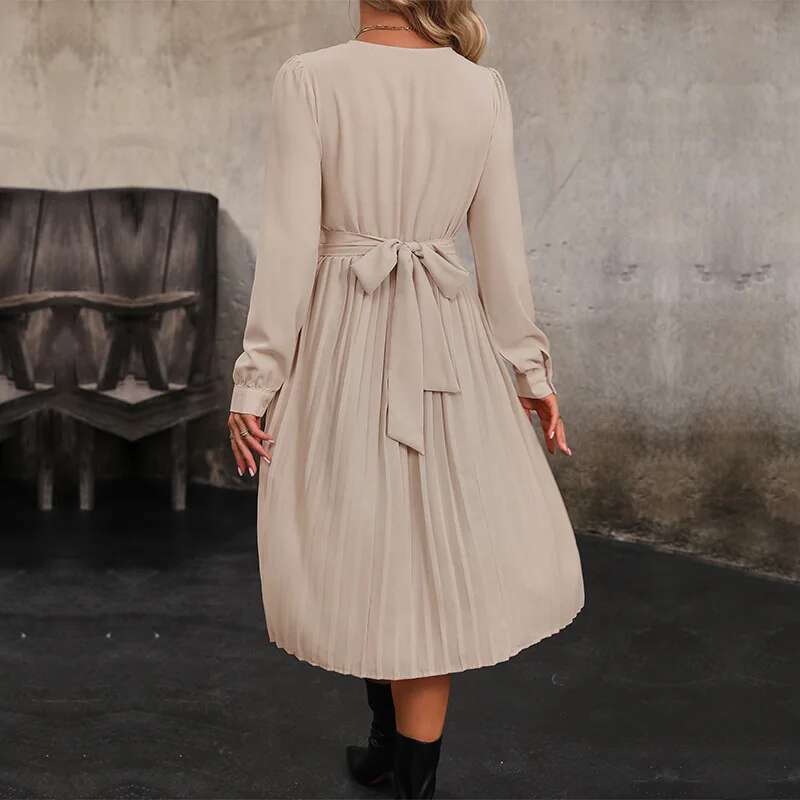 Dongdumaoyi Nieuwe Lente Herfst Dames Effen Kleur Tie Up Geplooide Jurk C