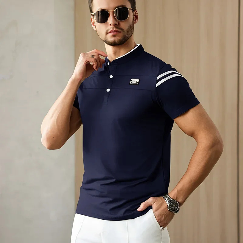 mens casual fashion solid color short sleeved polo shirt stand up collar version comfortable top 250327