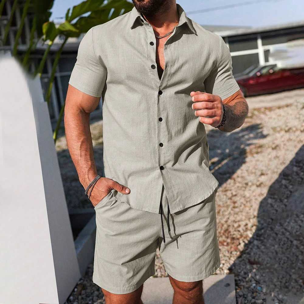 Mens solid color 2-piece button up shirt and brushed waist shorts set for outdoor casual mens short sleeved shirtXJ250326