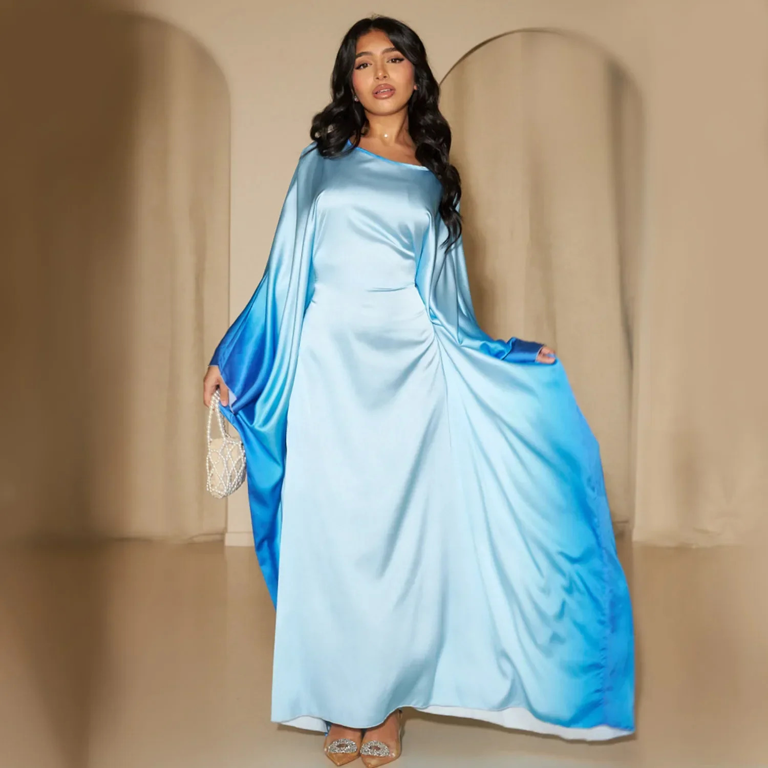 Womens Gradient Butterfly Ribbon Abaya Muslim Party Long Dress Abayas Dubai Slamic Clothing Eid al Fitr Ro 250326