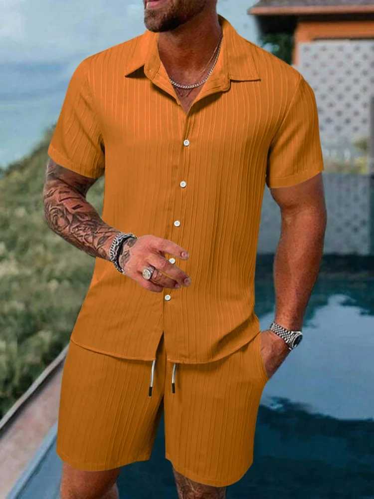 2024 mens colorful summer collar jacquard striped button down shirt fashionable casual short sleeved shorts beach set W250326