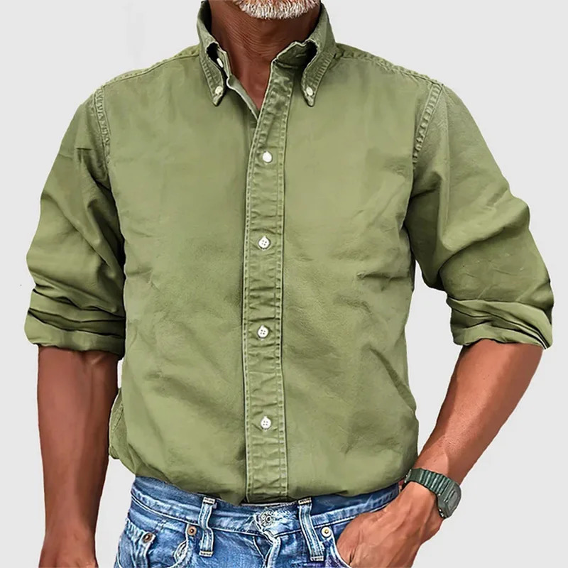 mens solid color long sleeved lapel clothing single chest shirt imitating denim 250326