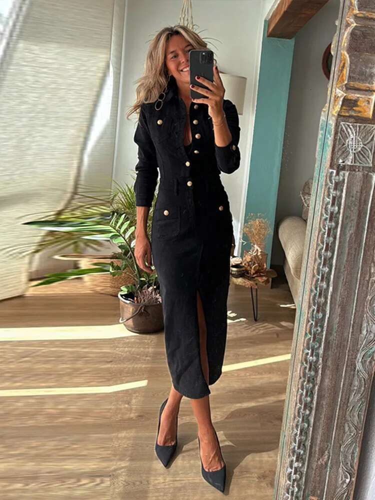 Elegant Denim Slim Long Dress Women Full Sleeve Single Breasted Lapel Split Female Dresses Spring Summer Fashion Lady Robe