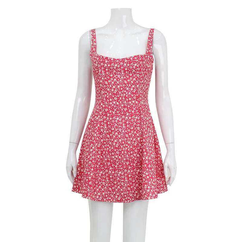 Dongdumaoyi Zomer Damesmode Afdrukken Onderjurk Vierkante Kraag Backless Verse Zoete Bloemenprom Dames Korte Rok A