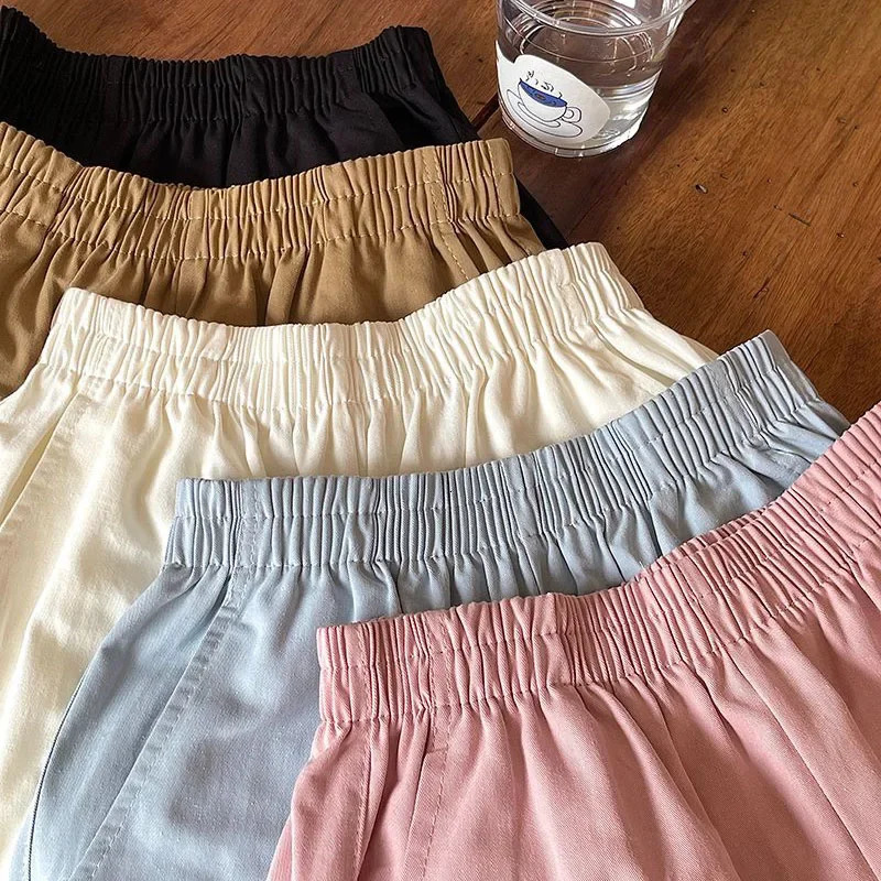Summer Womens Double Pocket Cargo Shorts Solid Wide Leg Wash Cotton Girls Korean Bag High Waist Muffin 250326