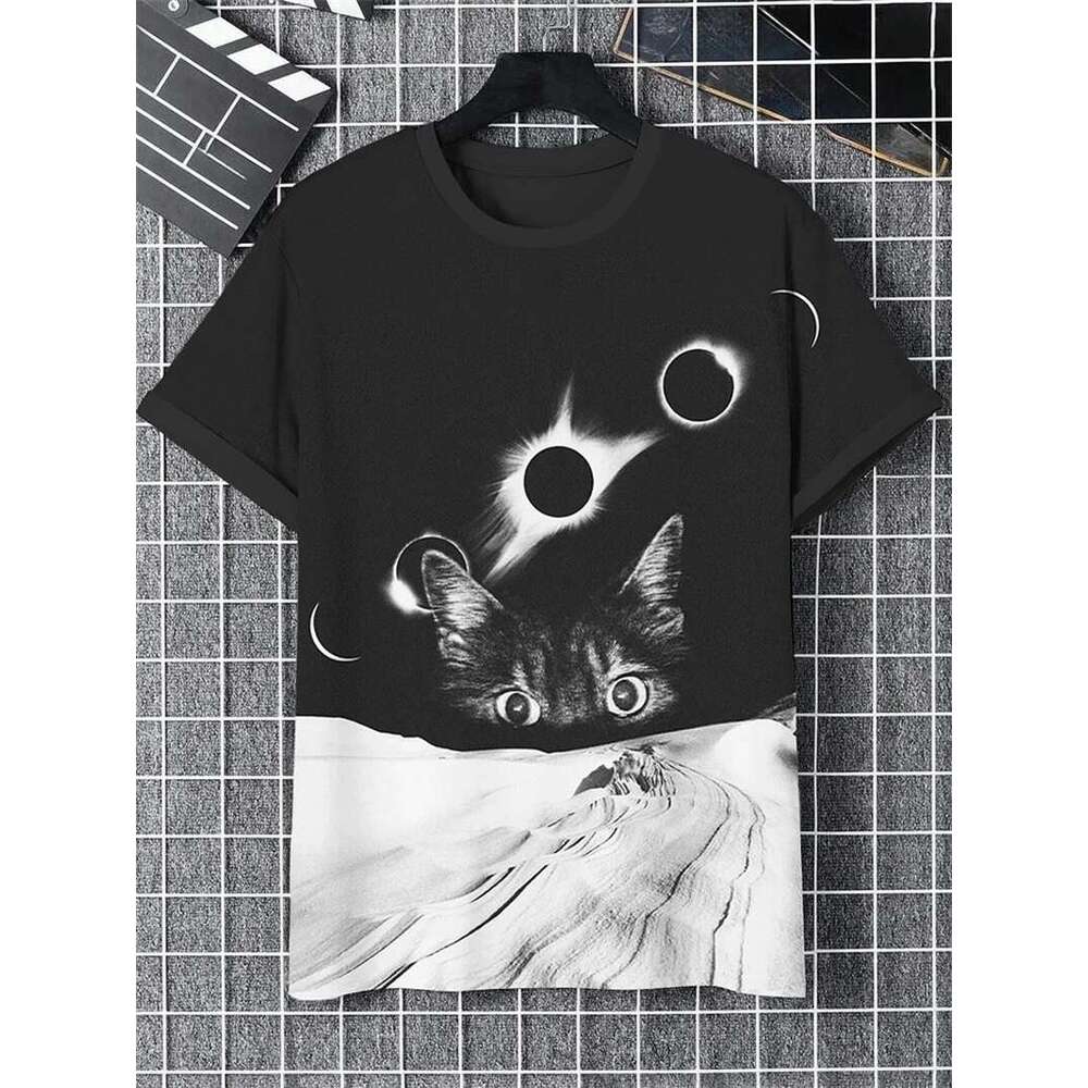 Interesting cat pattern T shirt for men fashionable summer short sleeved round neck D printed children s casual oversized Harajuku