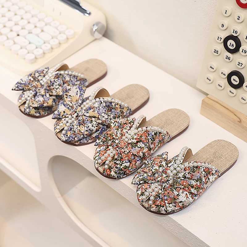 Slipper Childrens sliders childrens summer sliders girls soft floral cloth princess sweet indoor and outdoor girls pearl sliders bow S25326
