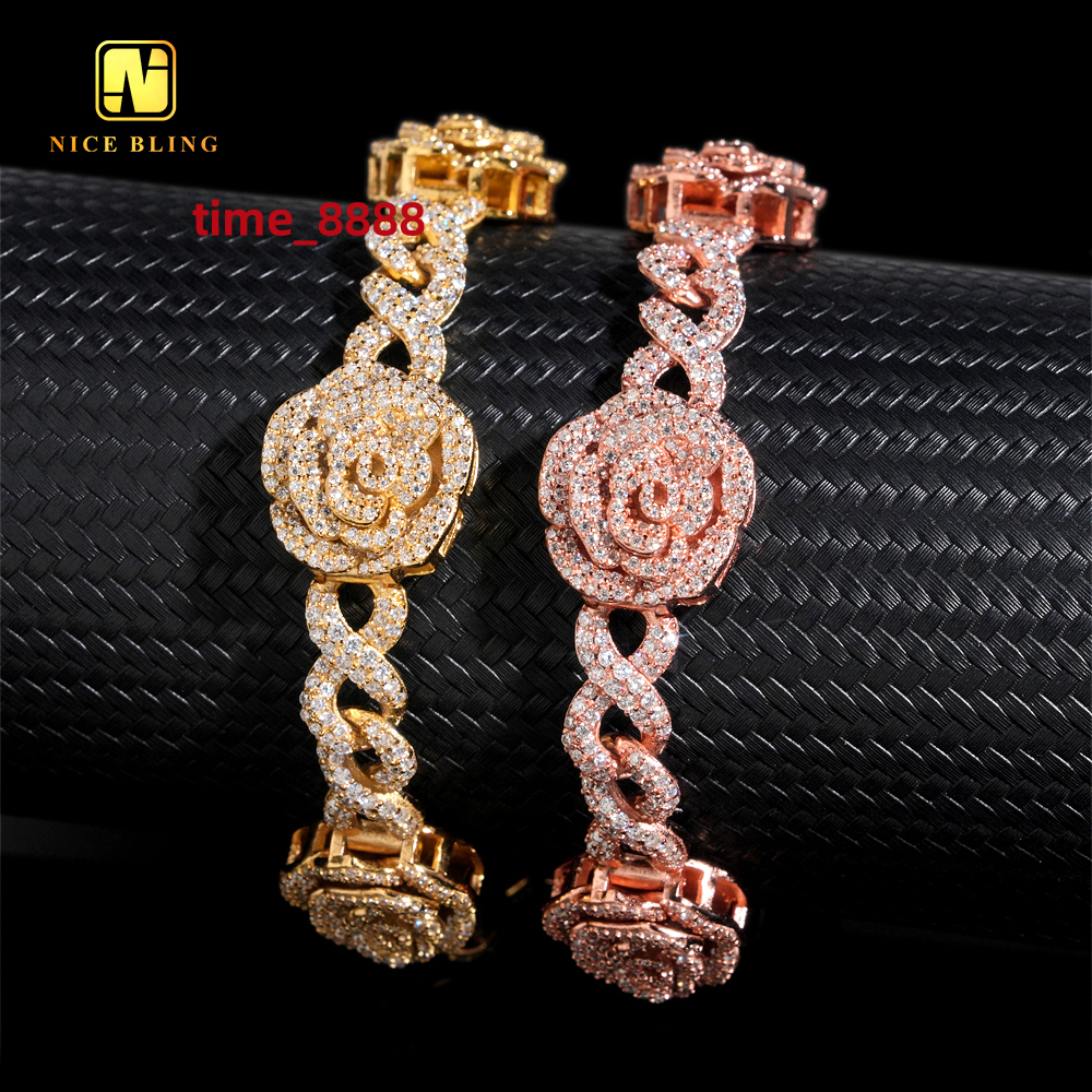 New Design Fine Hip Hop Style Jewelry Custom Iced Out 16.5mm Rose 925 Silver Cuban Link Chain VVS Moissanite Diamond Bracelet