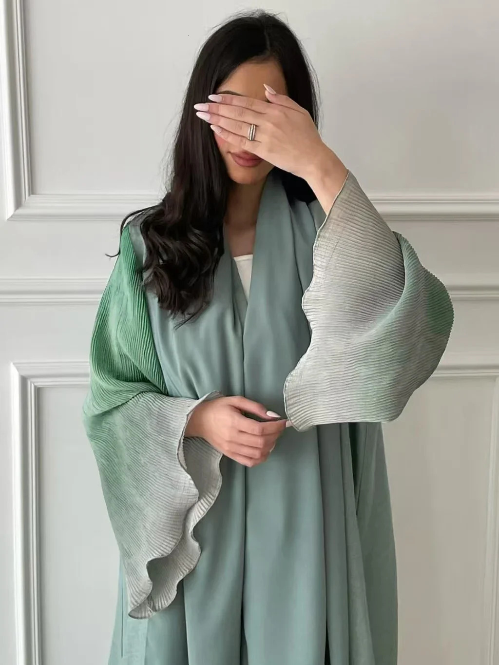 Middle East Abaya Muslim Womens Flame Sleeve Casual Arab Pleated Open Front Abayas Kaftan Islamic Dress 250326