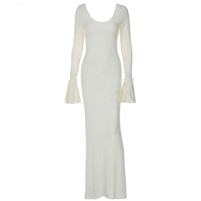 Dongdumaoyi Lente Dames Sexy Gebreide U Hals Bell Mouw Slim Fit Koningin Stijl Jurk