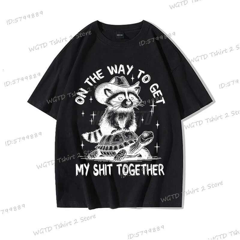 Women's Raccoon Gift T-shirt Get My SH * * Set Printed Loose Short Sleeve Cotton Retro Raccoon Y2K Top on the Road