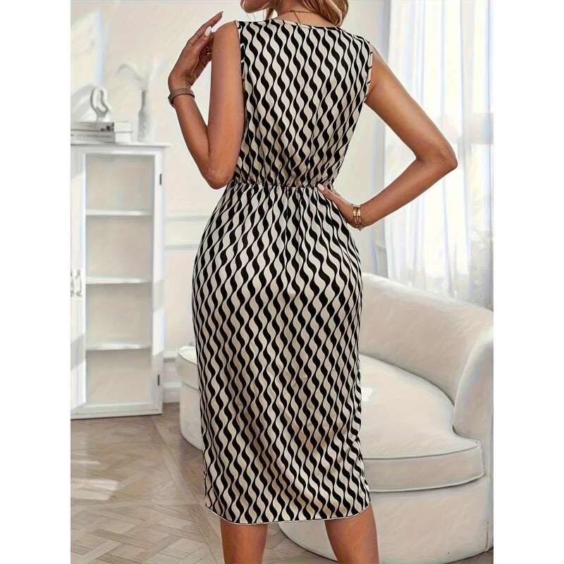 Dongdumaoyi Elegante Midi Effen Kleur Revers Volledig Bedrukte Voorkant Gedrapeerde Geplooide Asymmetrische Zoomjurk WD
