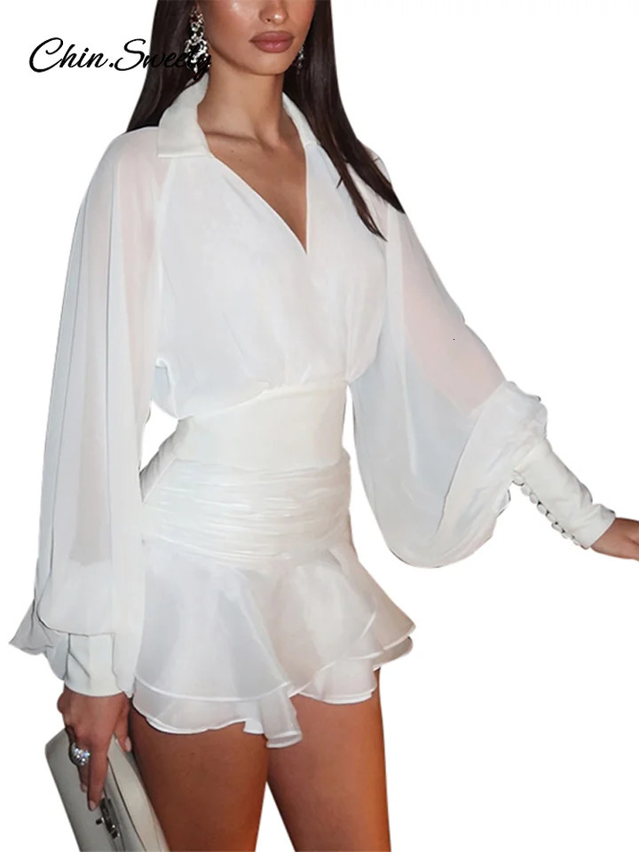 Flounce Backless Mini Ski Set Womens Gauze Vneck Long Lantern Sleeve Aline Shirt Summer Matching 250326