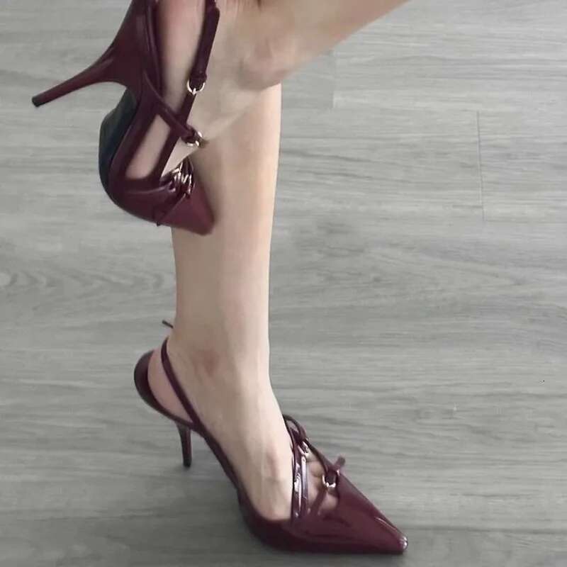 2024 Summer New High Heels, Sexy Hollow Black Silk Pointed One-e Buckle Skinny Heel Sandals, Women's Shoes