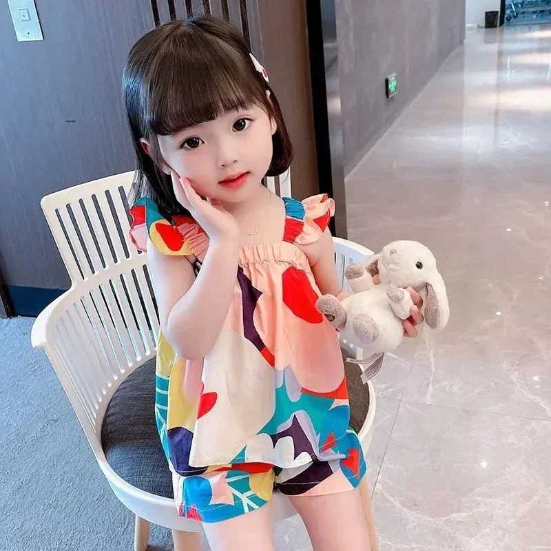 Summer baby girl clothing set hanging top color matching floral vest+childrens casual pants childrens clothing setT250327