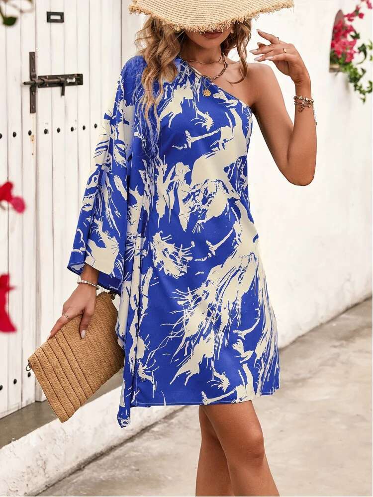 Dongdumaoyi Nieuwe Collectie Onregelmatige Halslijn Flare Mouw Print Korte Jurk Lente Zomer DAMES Stijl C