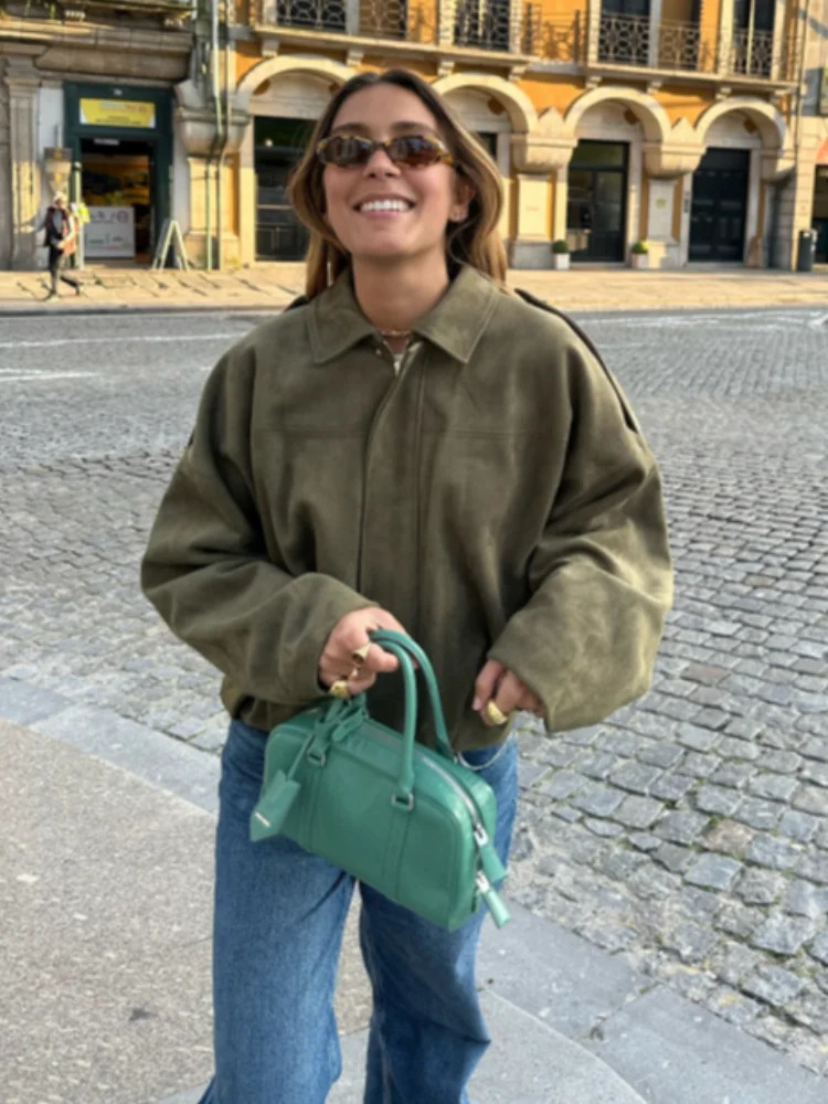 Fashion Short Suede Womens Jacket Loose Solid Collar Zipper Long Sleeve Street Spring Green 250326