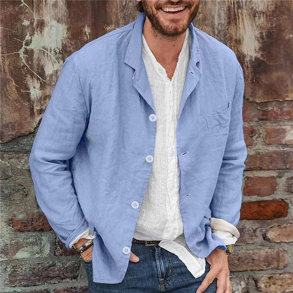 Mens casual loose suit jacket fashionable solid color lapel button long sleeved linen cardigan business commuting 250326