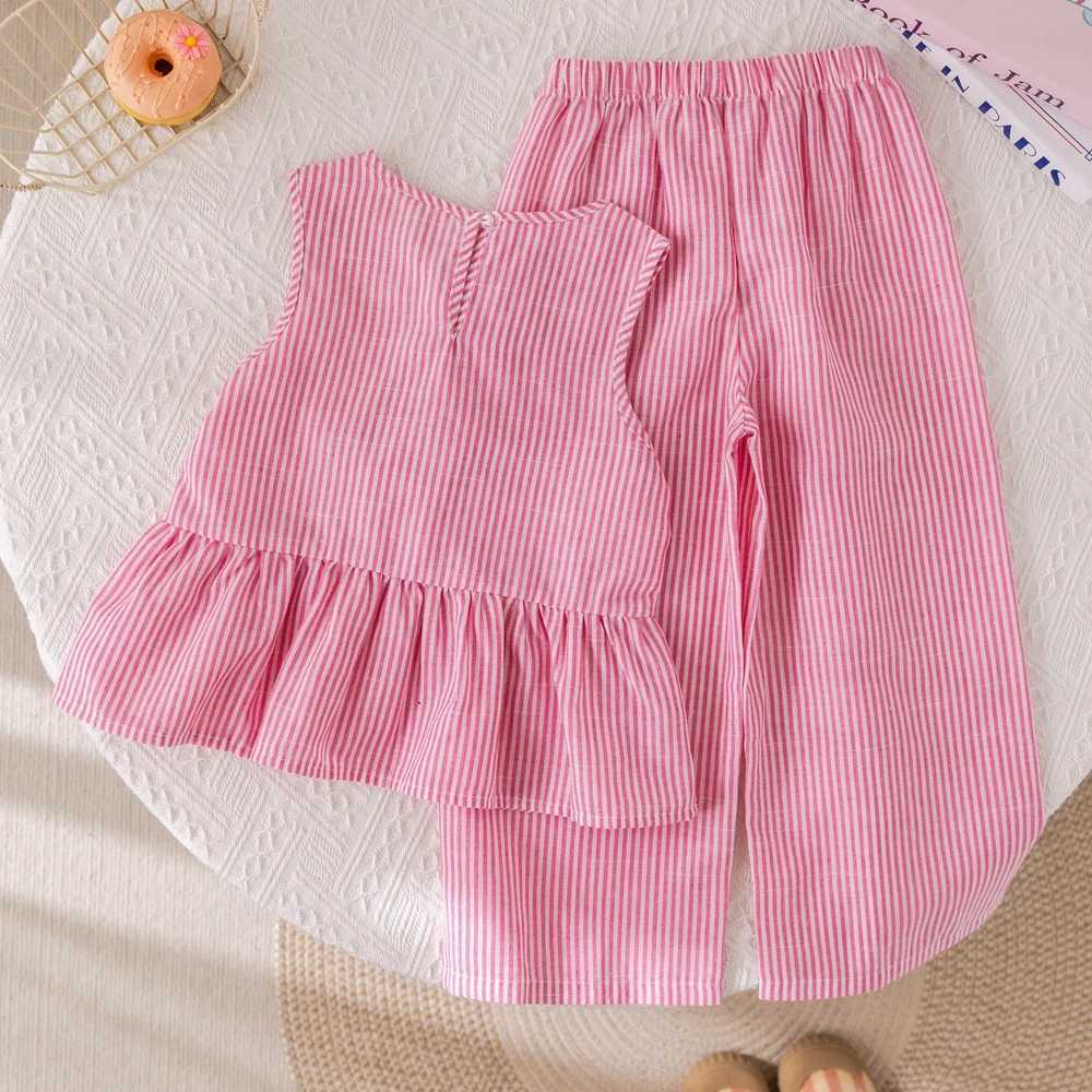 Humorous Bear Summer Girl Set Pink Vertical Stripe Bow Sleeveless Tank Top+Pants Two Piece Cute Childrens Clothing SetT250327