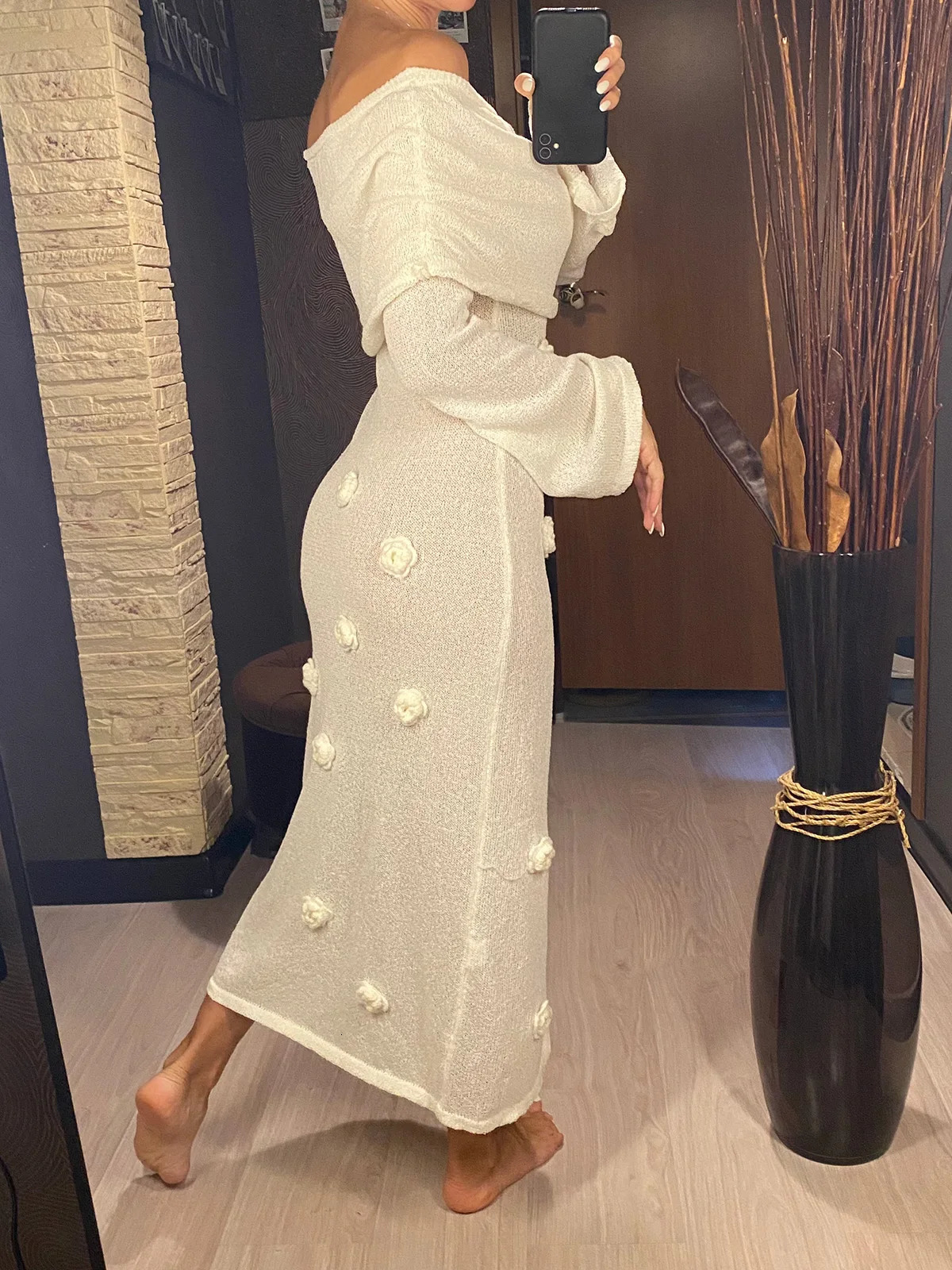 Casual Knitted Long Dress Elegant Flower Beach Long Dress Fashionable Ultra Thin Party Dress Unique Womens Evening Dress V6186 250324