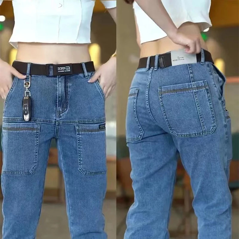 2024 Mens Casual Multiple Pockets Jeans Mid-Waist Elastic Straight Denim Trousers Versatile Loose Personality Pants 250317