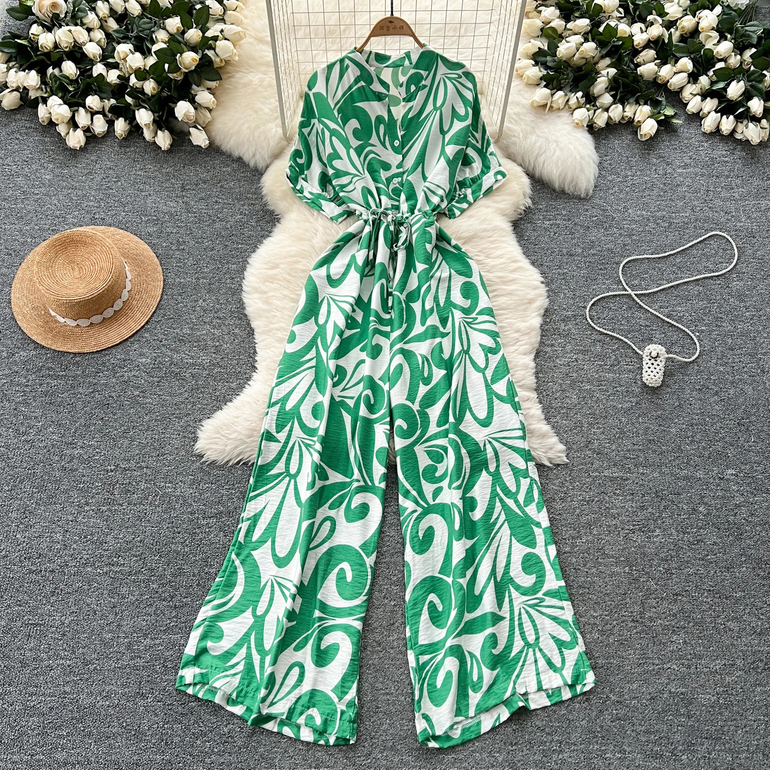 Vneck puff sleeve ultrathin bodysuit high waisted floral print wide leg pants jumpsuit womens Y2k retro fashionable summer 250326