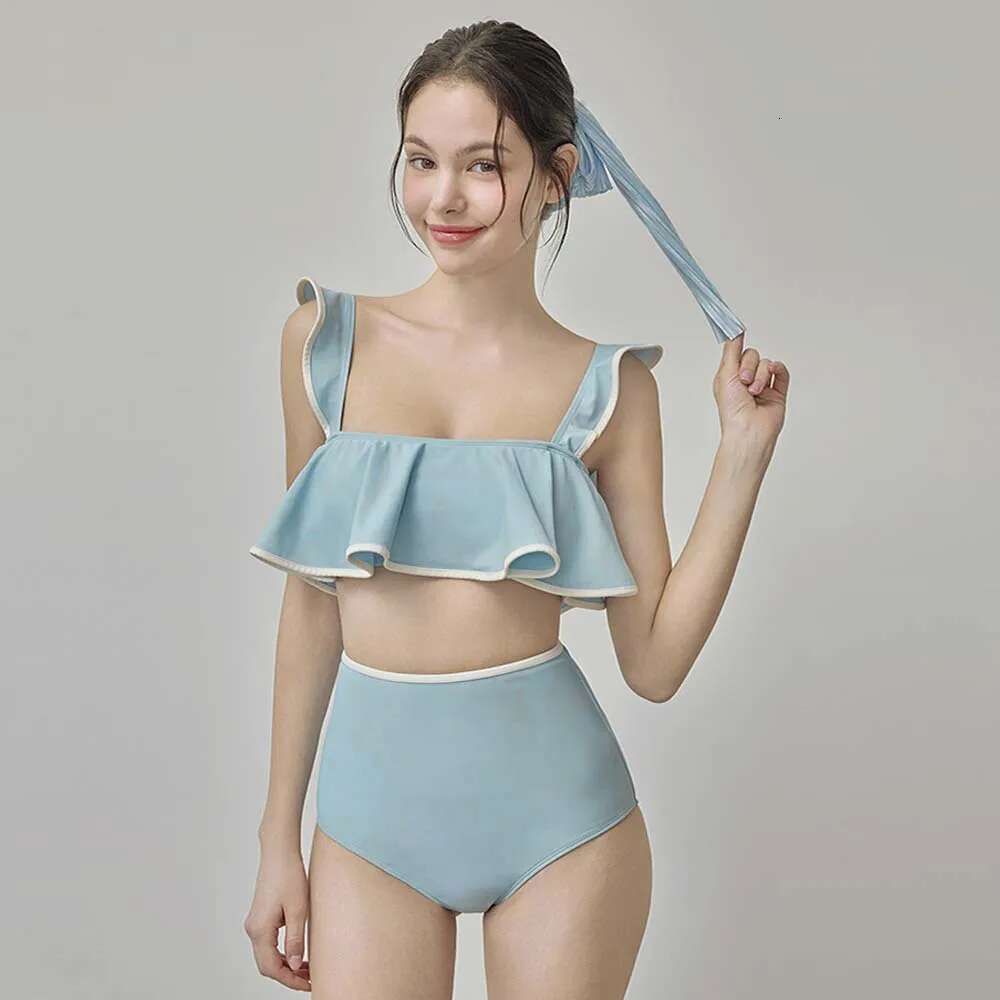 Waist Blue High Swimwear Women 2025 Sexy Two Pieces Swimsuit Padded Bathing Suit Korean Ruffle Bikini Summer Beach Wear Monokini