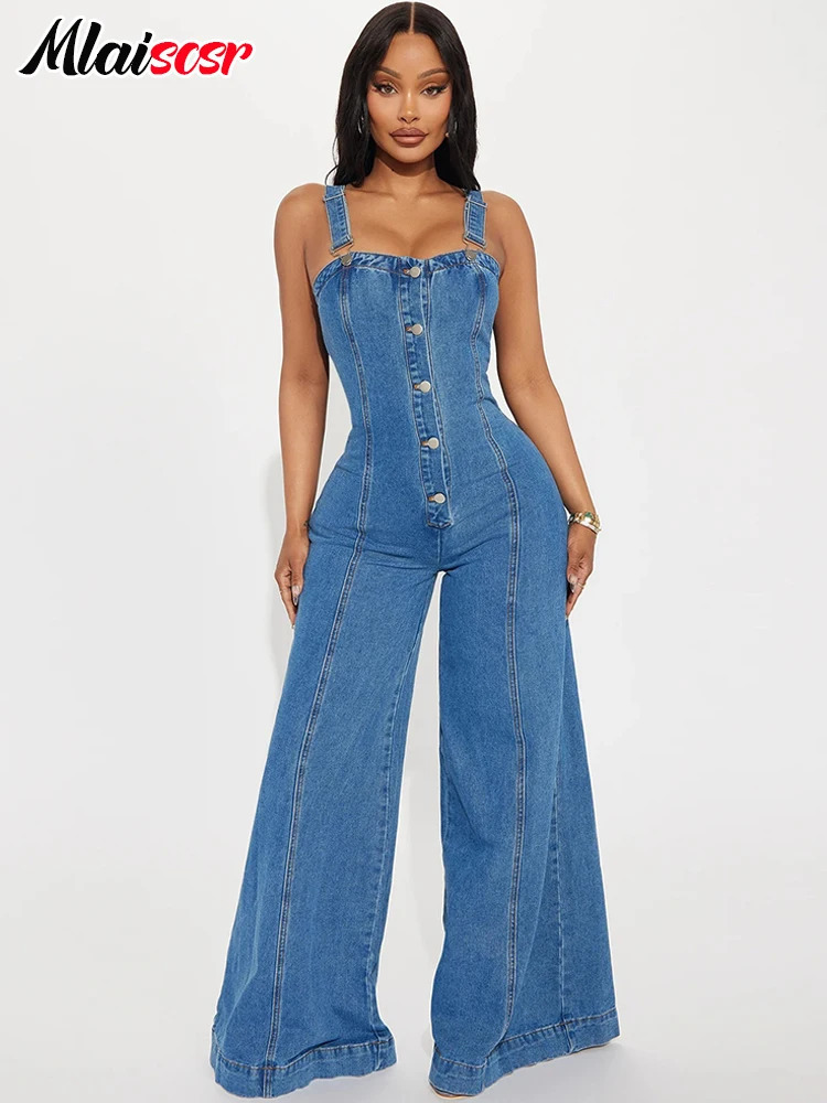Mlaiscr streetwear womens jeans jumpsuit sleeveless button up wide leg pants denim one piece set 250326