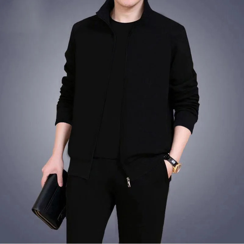 Two piece set for middleaged and elderly men casual wear sportswear long sleeved mens version solid color cardigan wool sweater 250326