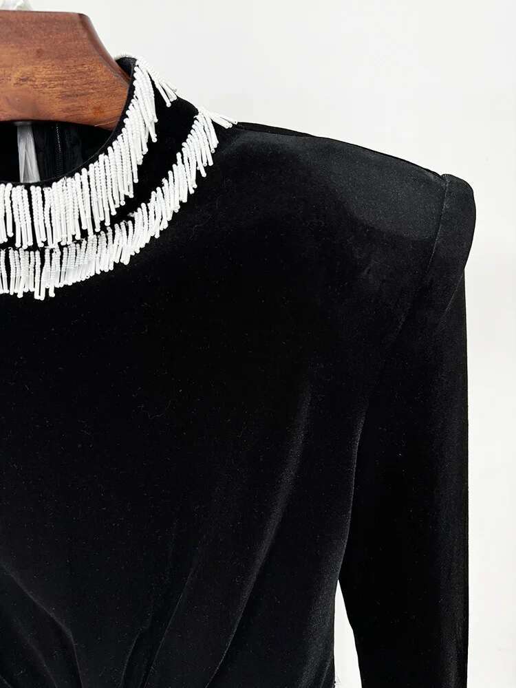 HIGH STREET 2025 Newest Fashion Designer Dresses Women's Long Sleeve Beaded Veet Hollow Out Dress