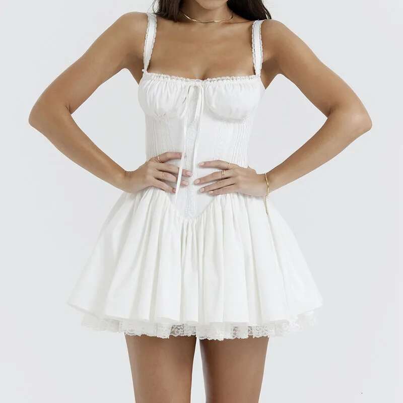 Summer Sleeveless 2025 New Fashion Bandage Party White Lace Cotton Loose Streetwear Print High Waist Sexy Dress F00068