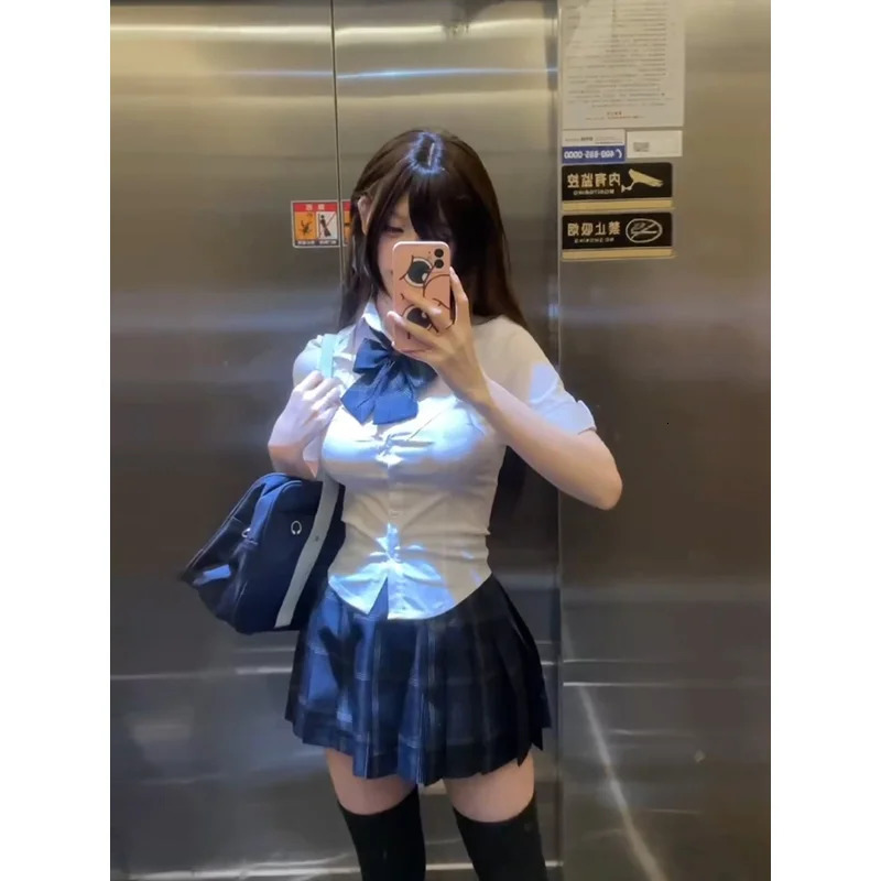 S8xl plus size American Jk school uniform original butterfly pleated bodysuit college style slim fit shirt high waisted 250326