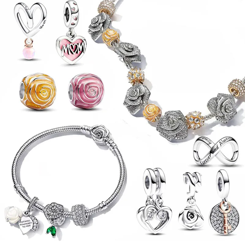 2024 New 925 Silver Charm Two-tone Wrapped Heart Charm Rose Charm Fit Rose Clasp Snake Chain Bracelet DIY Women Jewelly