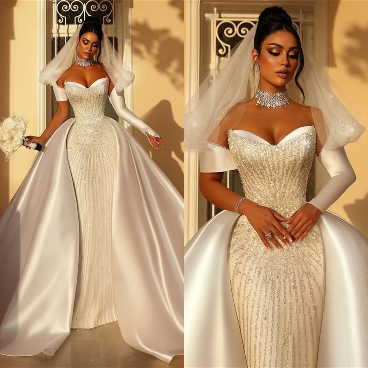 Luxurious Mermaid Wedding Dress Sweetheart Neck Off Shoulder Bridal Gowns Sequins Pearls Lace Detachable Train Dresses Custom Made vestidos de novia